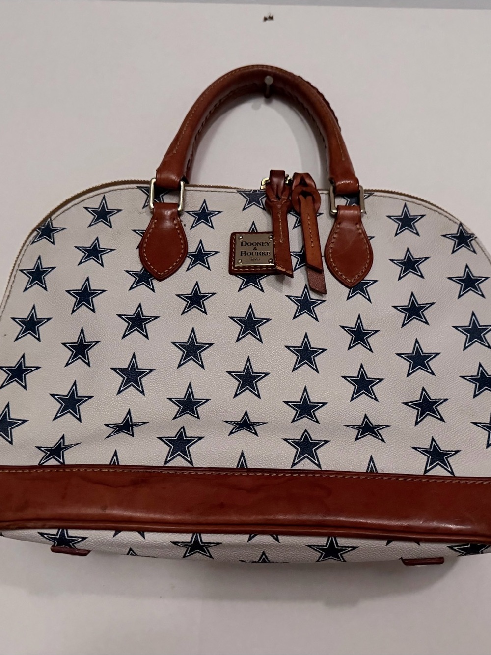 Vintage Dallas Dooney & Bourke White and Navy Star Print Satchel with Brown Trim
